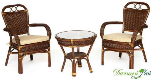 Комплект ANDREA: стол кофейный со стеклом + 2 кресла + подушки (античн. орех)