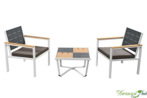 Комплект ВИКИНГ-6: 2 кресла, стол рейки 62*62*н=38 см (металл белый+рейки коричневые)