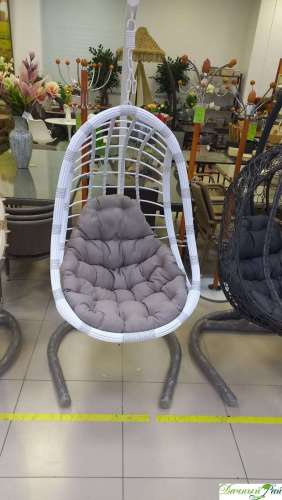 Кресло подвесное "ASTI  NEW" трубка белая+выбеленное дерево, ткань Ash (светло-серая), опора белая, 150 кг