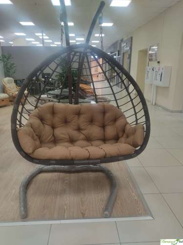 Кресло подвесное "MATERA DABL" 2-х местное, трубка венге + венге шлифованный, ткань Браун (светло-коричн), опора коричн, 300 кг