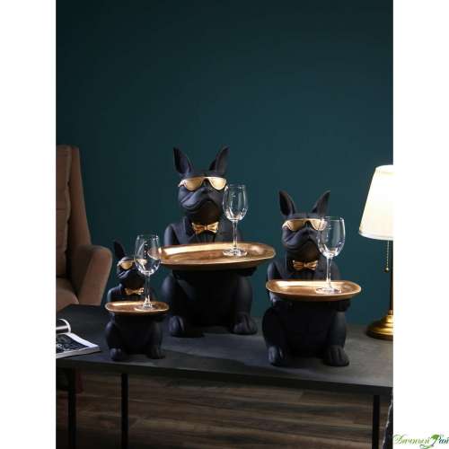  Подставка для мелочей "Бульдог сидячий с подносом" набор 3 штуки, полистоун, 59 см, 3 шт + 3 подноса, черно-золотой (9632100 )